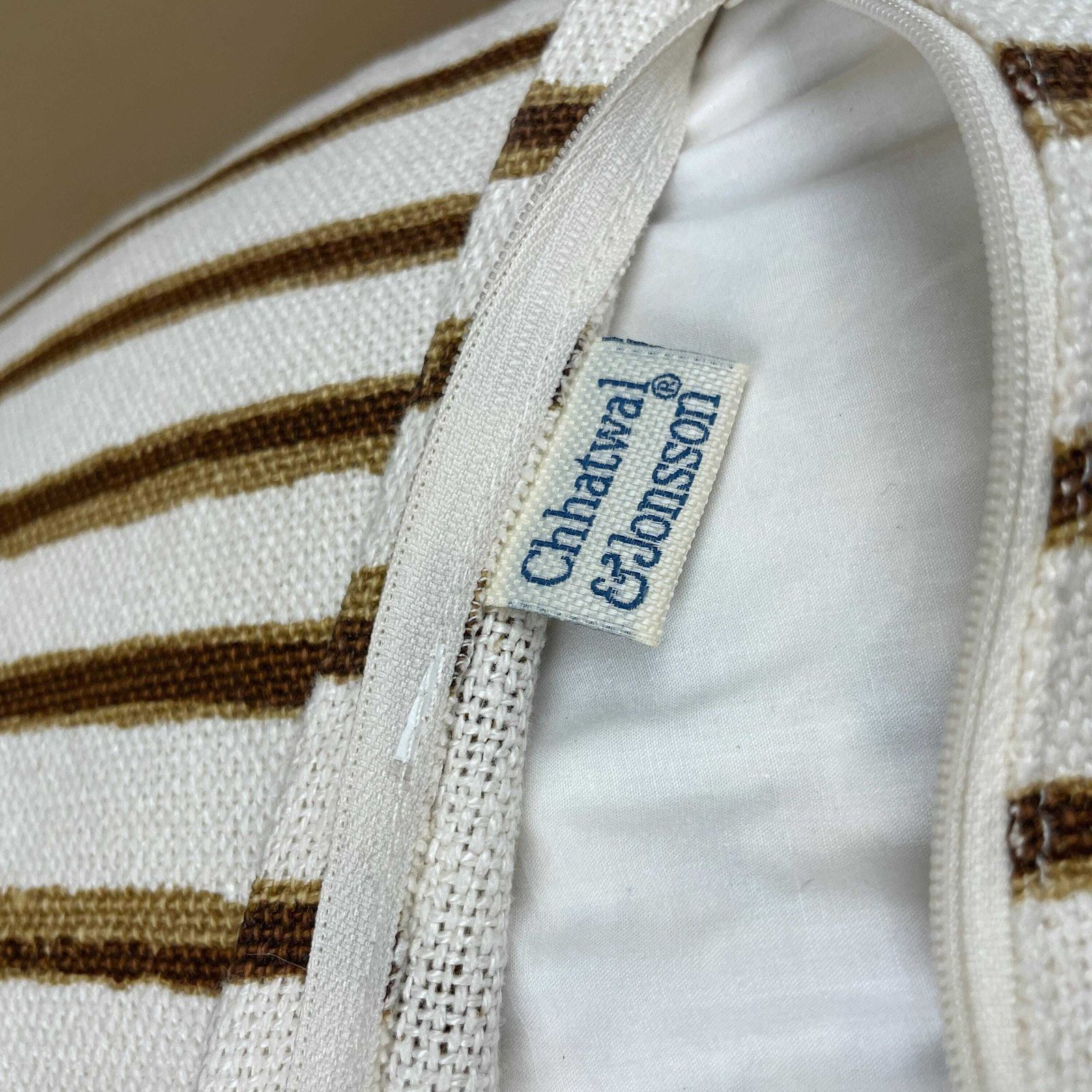 Chhatwal Jonsson Linen Stripe Cushion Beige Brown Boho Sofa Throw Pillow Modern Feather Filled Zip Close Swedish Scandinavian Striped photo vintage