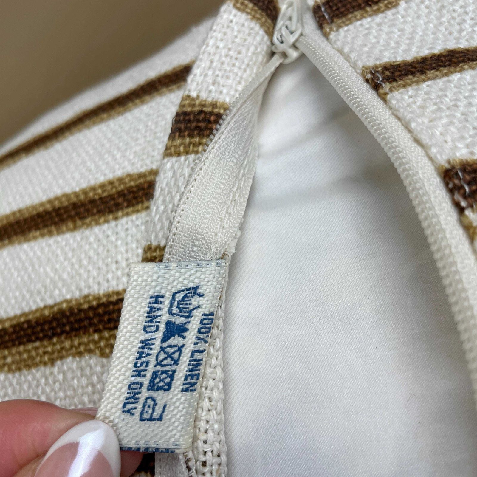photo furniture Chhatwal Jonsson Linen Stripe Cushion Beige Brown Boho Sofa Throw Pillow Modern Feather Filled Zip Close Swedish Scandinavian Striped