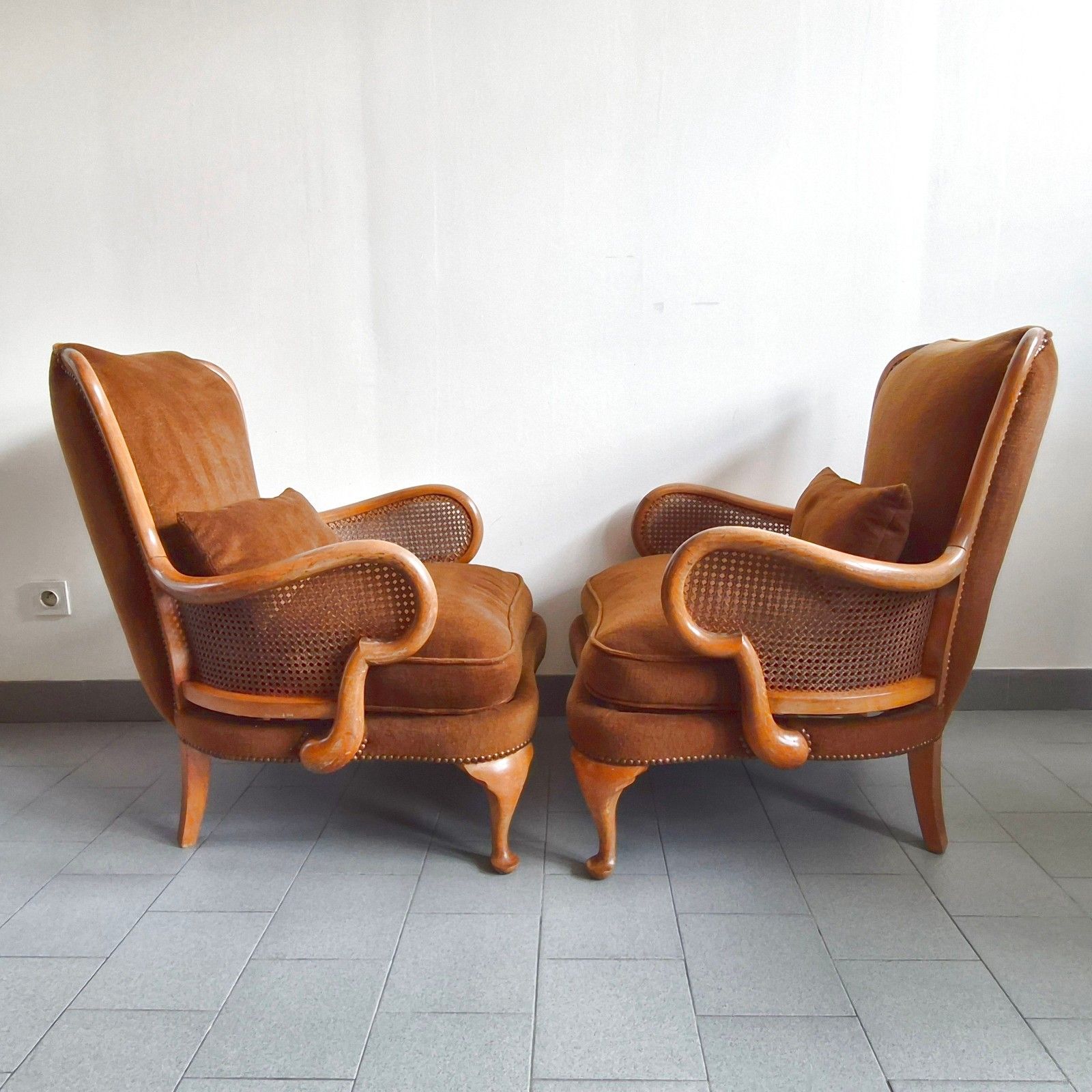 Pair Of Vintage Early 20th Century Shepherd Armchairs In Cane & Wood Superb Curved