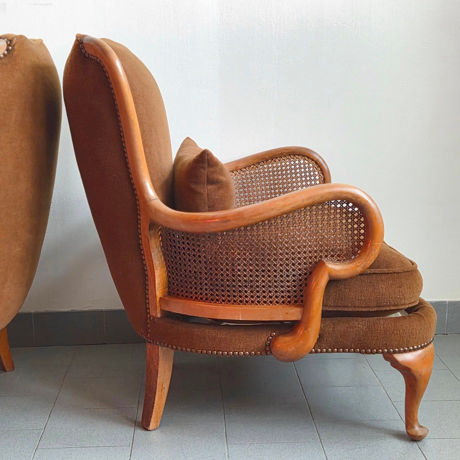 Pair Of Vintage Early 20th Century Shepherd Armchairs In Cane & Wood Superb Curved photo for sale