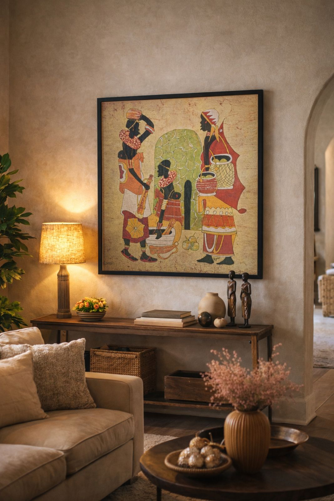 Grande Quadro Batik Africano Originale Firmato "Hamidi" Arte Su Tessuto 88x79 Cm