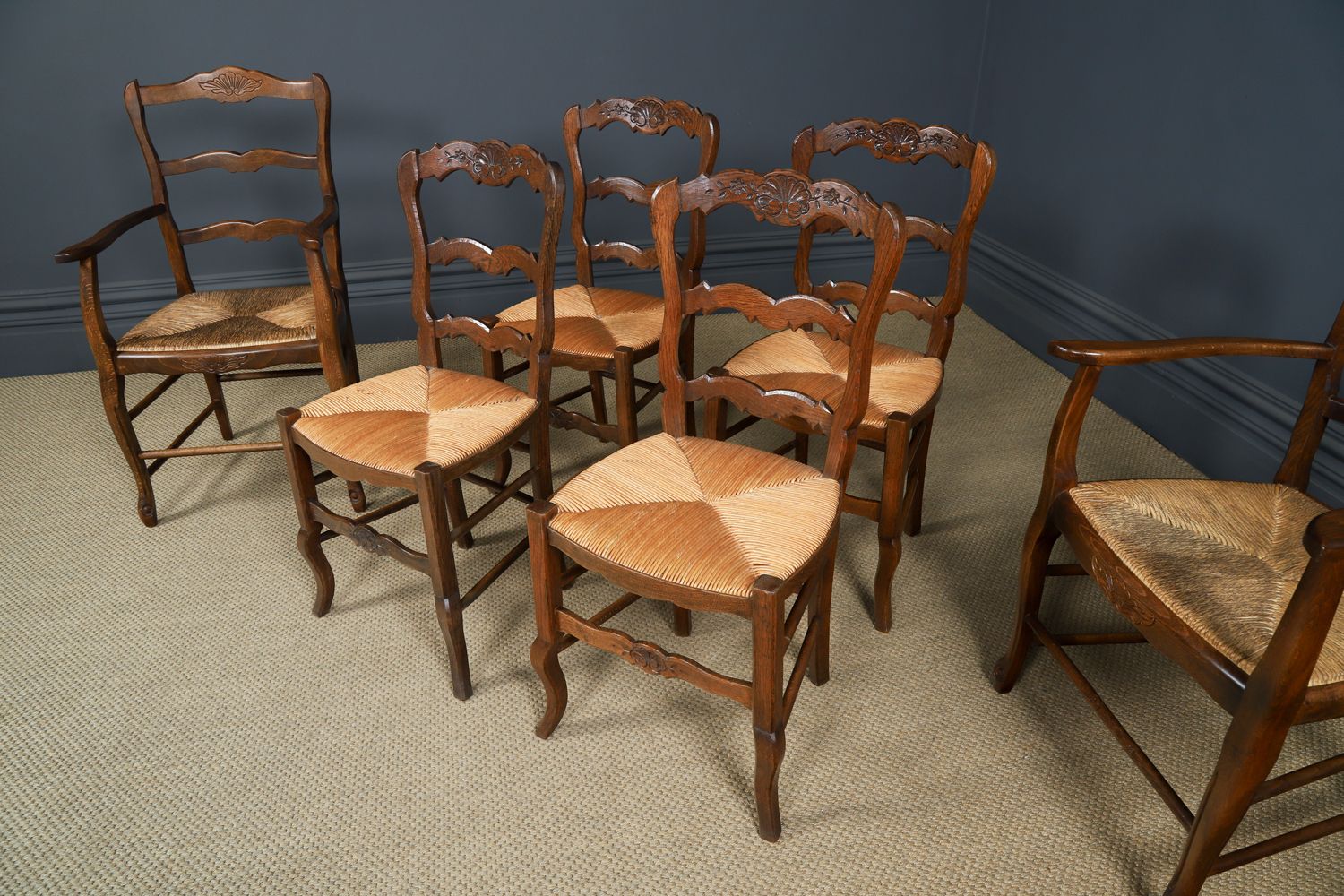 Antique French Set Of 6 Six Louis XV Style Oak Ladder Back Rush Seat Kitchen Dining Chairs (Circa 1920) photo 1295.0