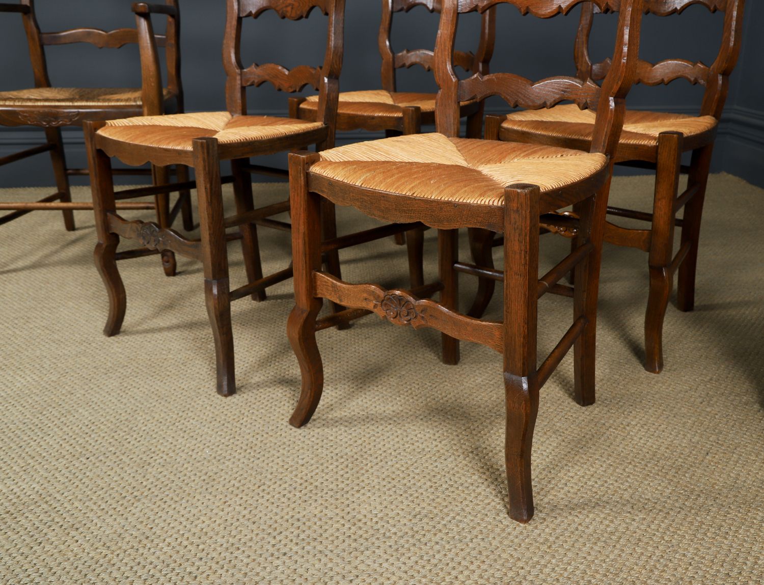 Antique French Set Of 6 Six Louis XV Style Oak Ladder Back Rush Seat Kitchen Dining Chairs (Circa 1920) photo buy