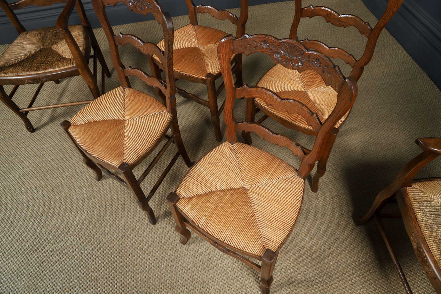 photo for sale Antique French Set Of 6 Six Louis XV Style Oak Ladder Back Rush Seat Kitchen Dining Chairs (Circa 1920)