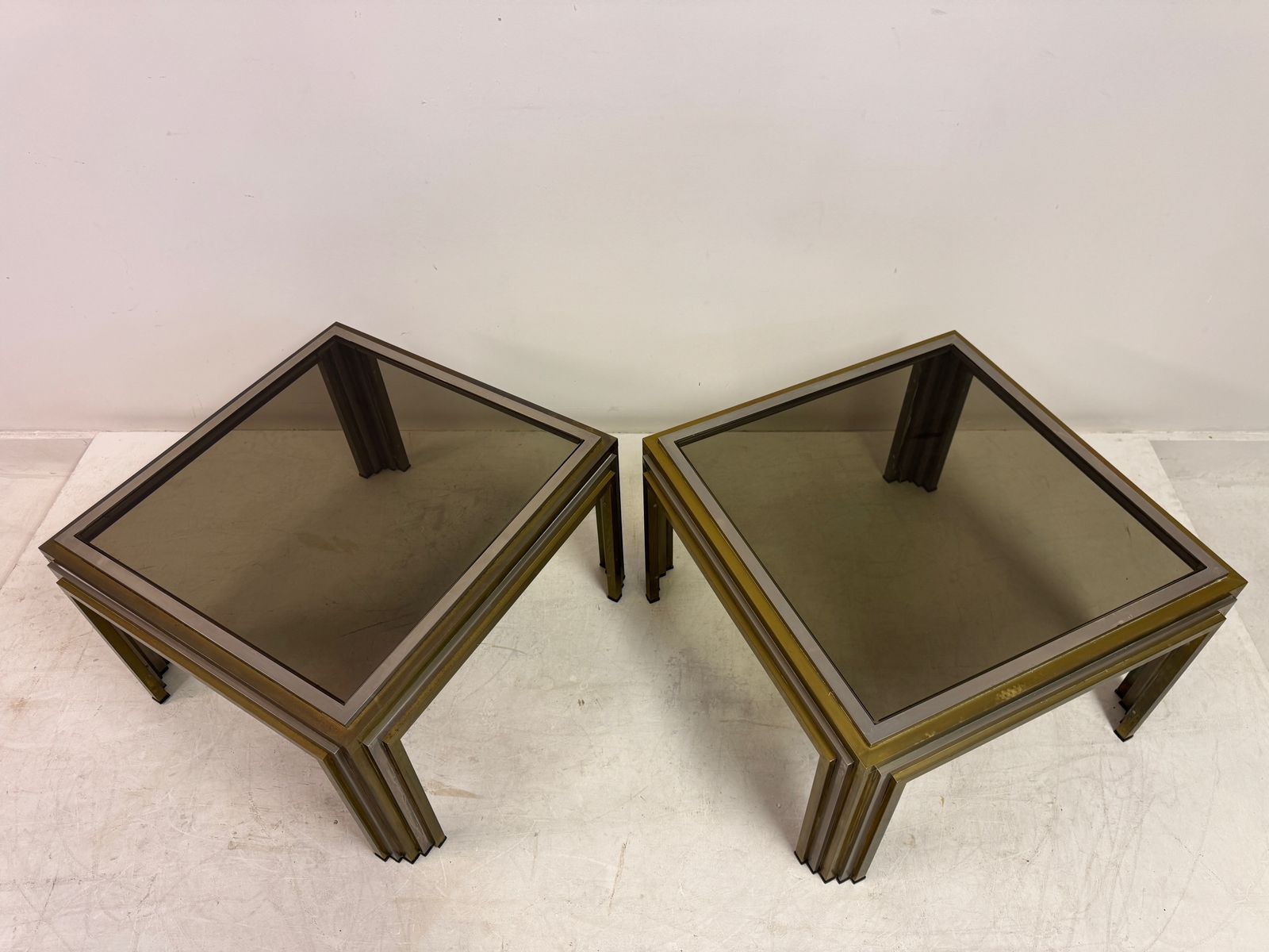 Furniture Pair Of 1970s Steel And Brass Side Tables photo