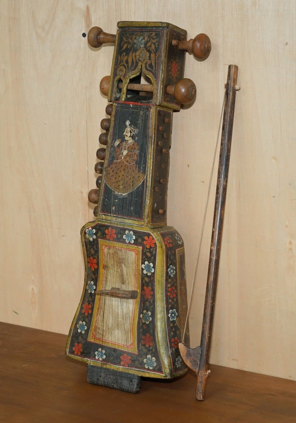 Hand Painted Antique Circa 1860 Indian Sindhi Sarangi Musical Instrument photo for sale