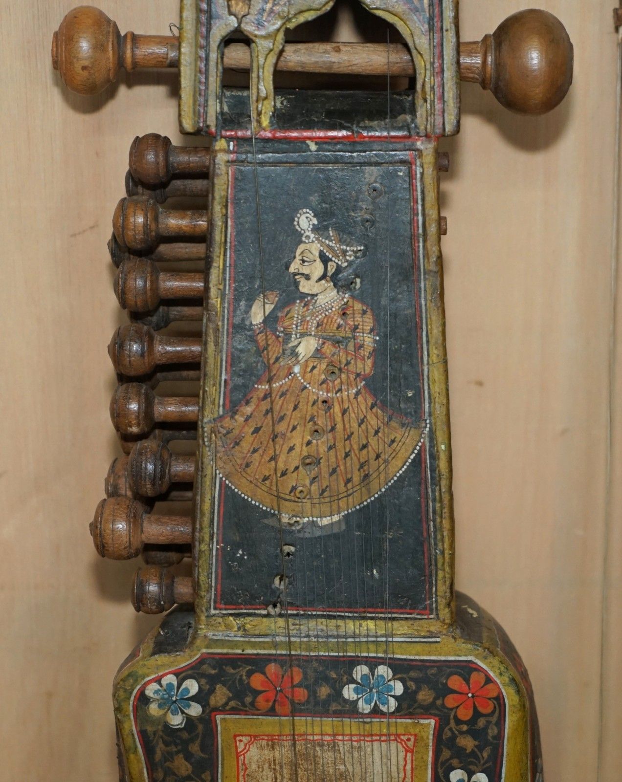Hand Painted Antique Circa 1860 Indian Sindhi Sarangi Musical Instrument photo vinterior