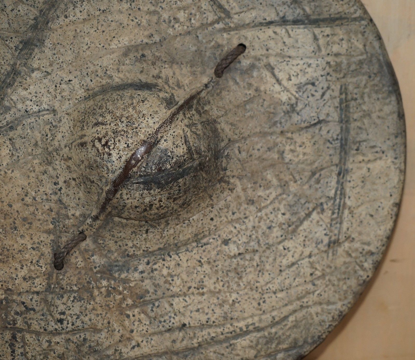 Antique Bedja Animal Hide Shield From Sudan Made In Pressed Hard Leather & Rope photo Textiles