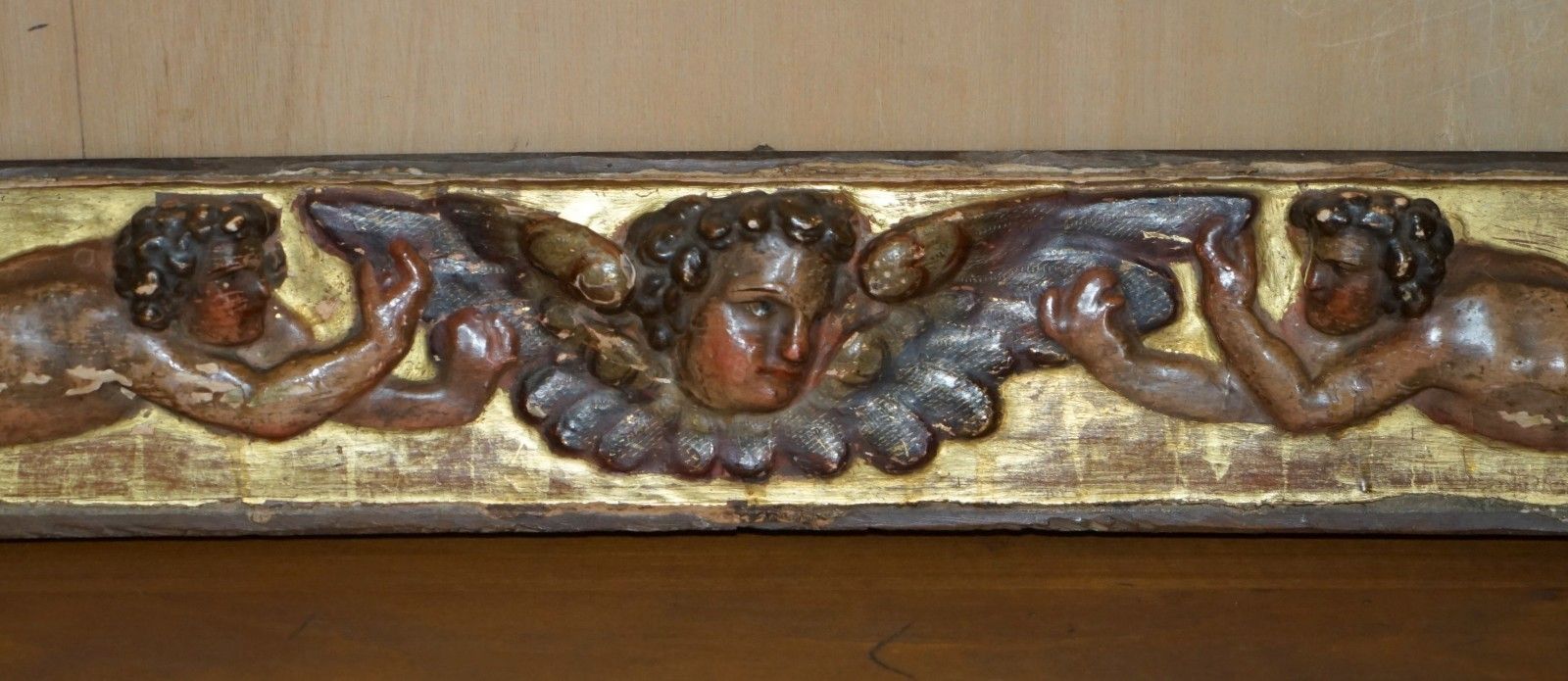 Antique Baroque Giltwood Carved, Polychrome Painted 18th Century Putti Supraport photo for sale