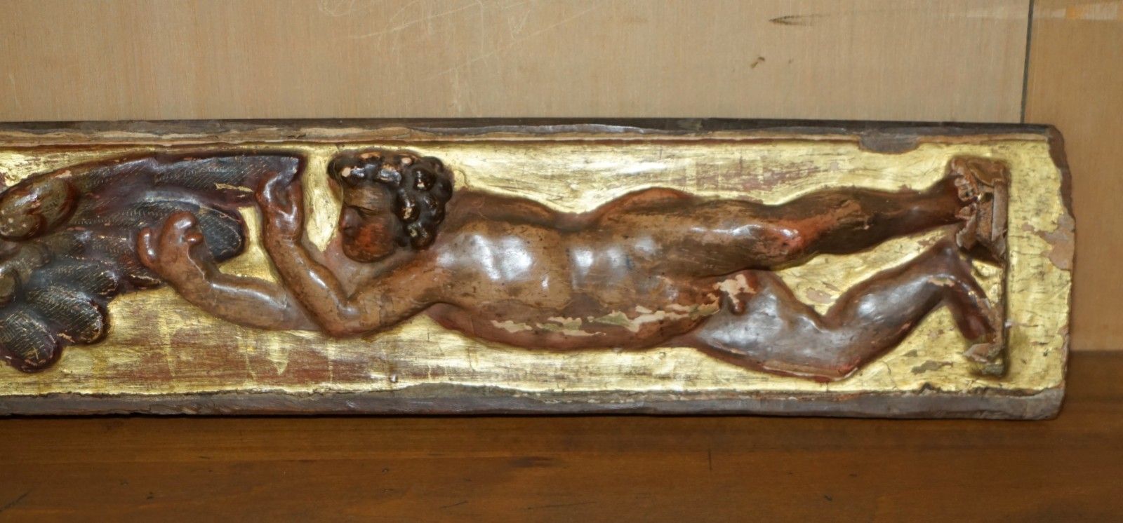 Antique Baroque Giltwood Carved, Polychrome Painted 18th Century Putti Supraport photo 1950.0