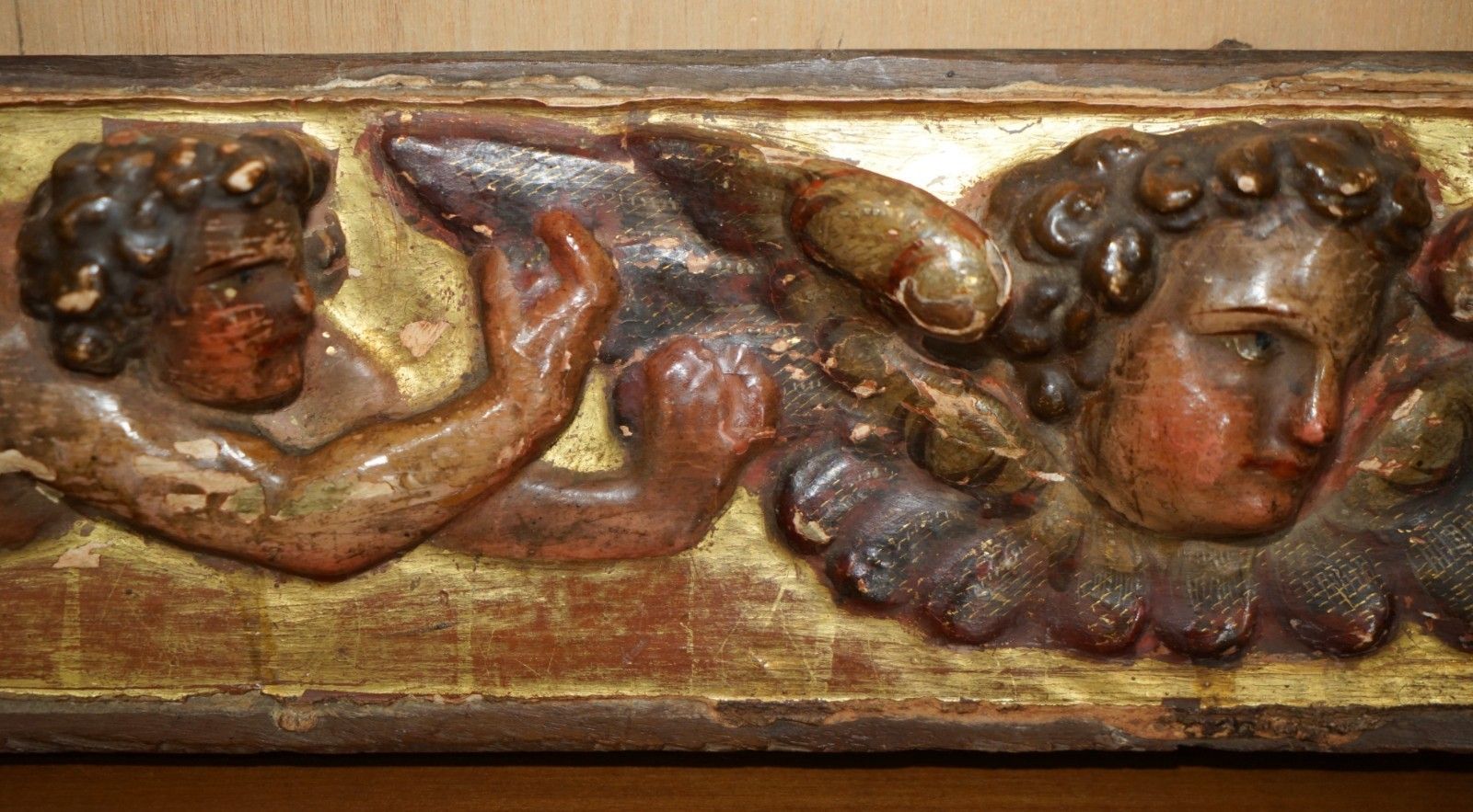 photo furniture Antique Baroque Giltwood Carved, Polychrome Painted 18th Century Putti Supraport