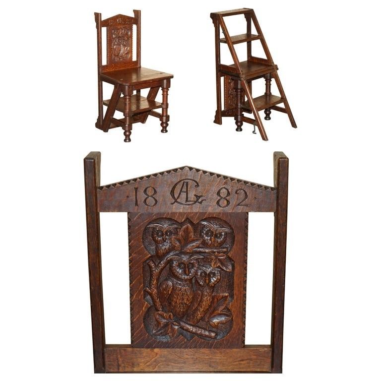Lovely Super Rare Antique 1882 Dated Owl Carved Metamorphic Library Steps Chair