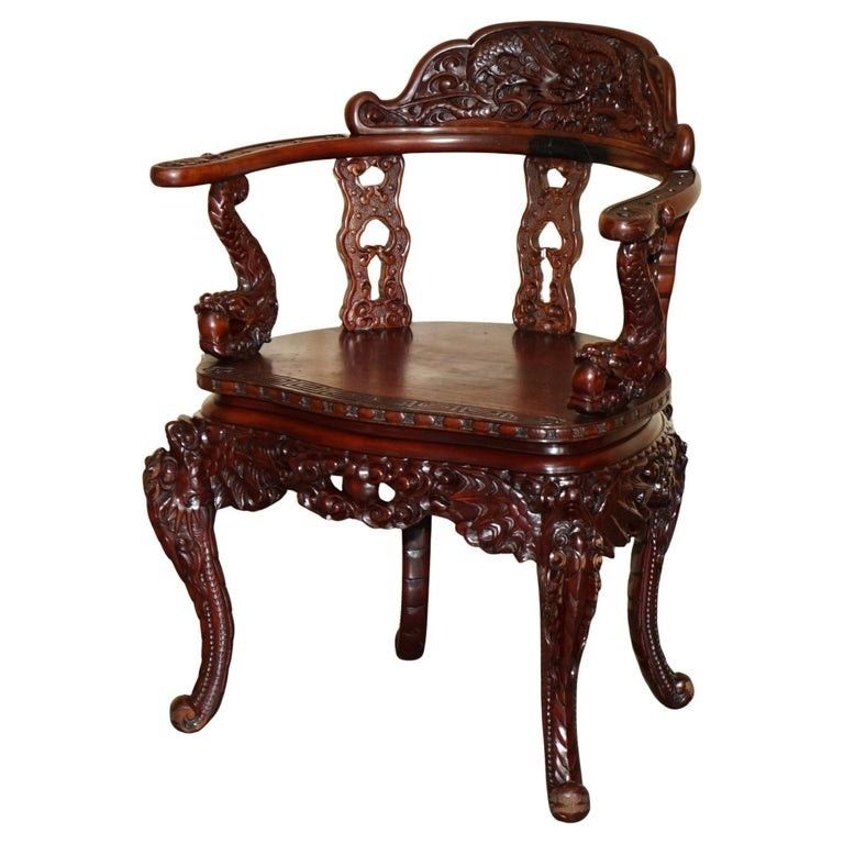 Antique Chinese Dragon Circa 1920's Ornate Deep Red Lacquered Throne Armchair