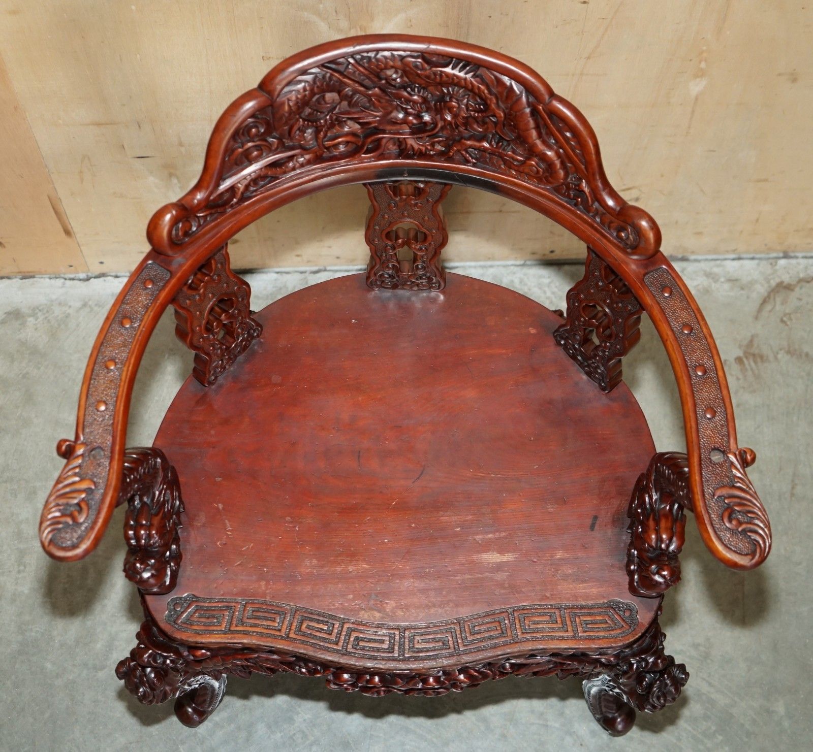 Antique Chinese Dragon Circa 1920's Ornate Deep Red Lacquered Throne Armchair photo vinterior