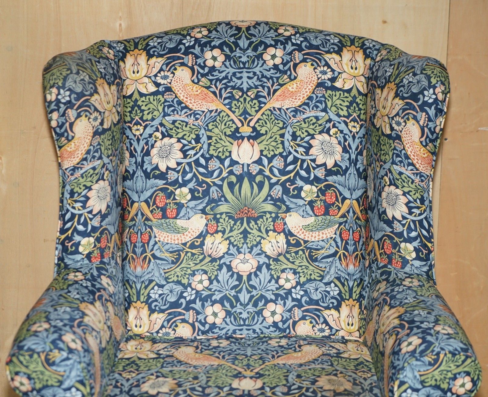 Stunningly Modern William Morris Strawberry Thief Fabric Wingback Armchair photo for sale