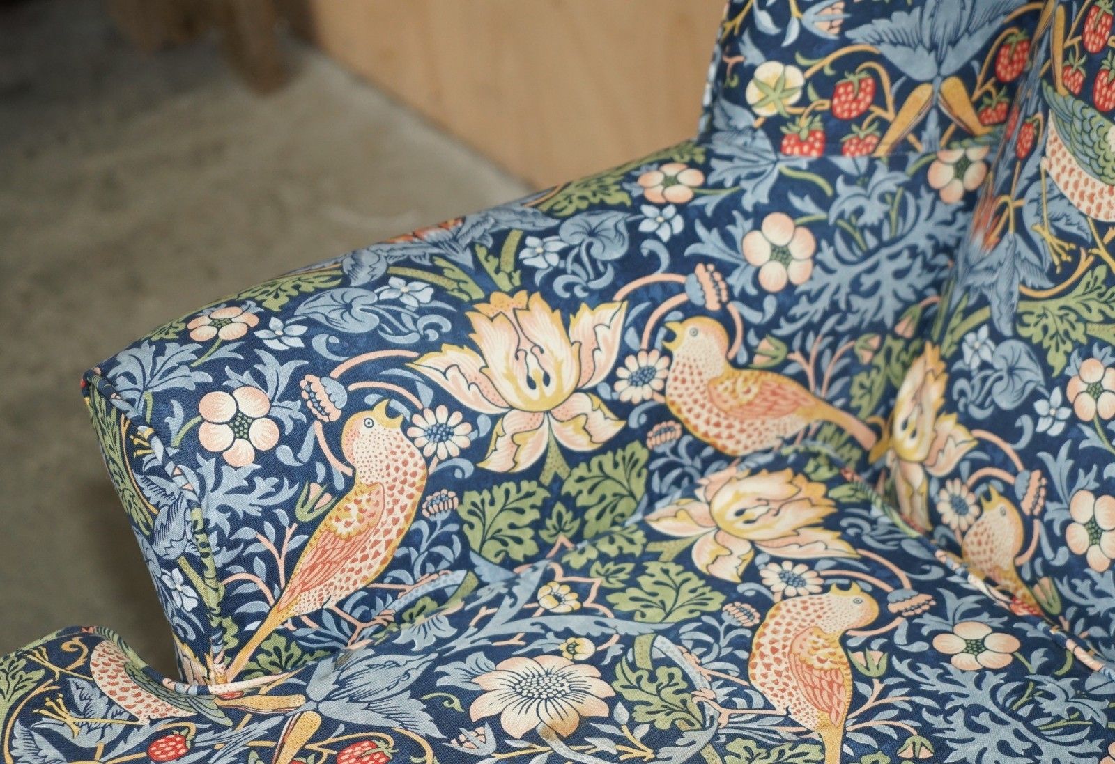 Stunningly Modern William Morris Strawberry Thief Fabric Wingback Armchair photo buy