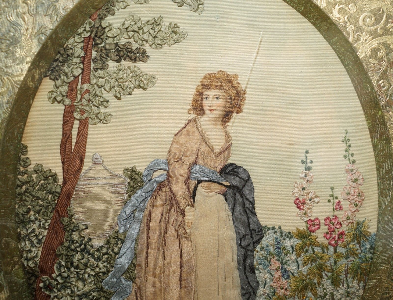 19th Century Silk & Wool Work Stumpwork Embroidery Tapestry Stunning Boarder photo for sale