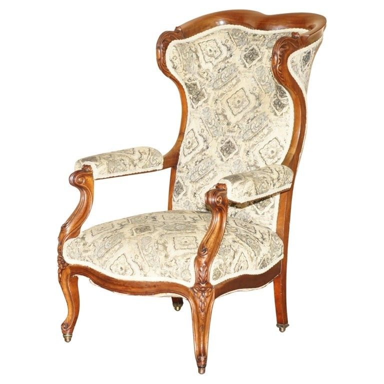 Fine Antique Victorian Hand Carved Library Reading Wingback Show Framed Armchair