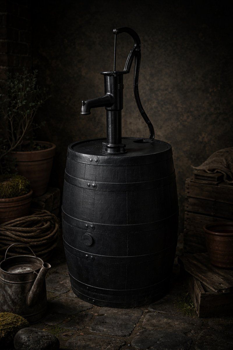 Garden Water Pump On Black Barrel In Cast Iron photo for sale