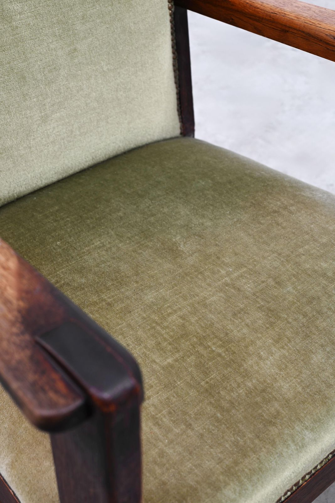 photo furniture Hague School Sculptural Armchair, Stained Oak, The Netherlands, 1920s