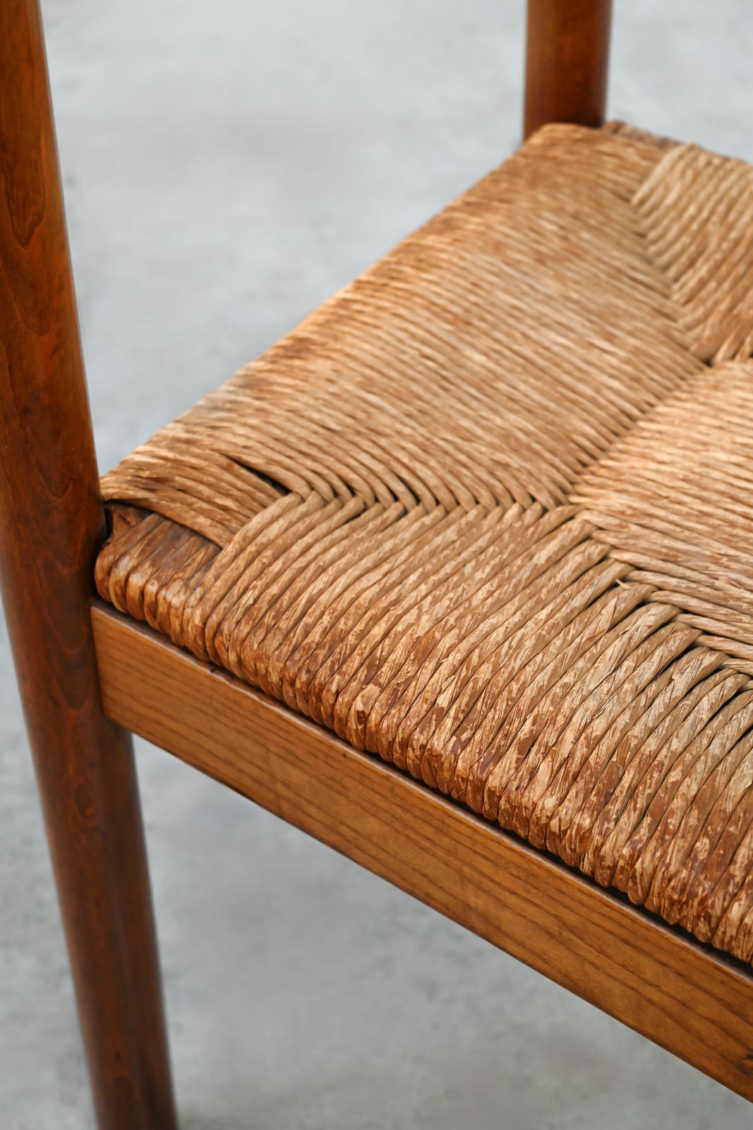 Set Of Six French Oak Dining Chairs With Rush Seats, 1960's photo vinterior