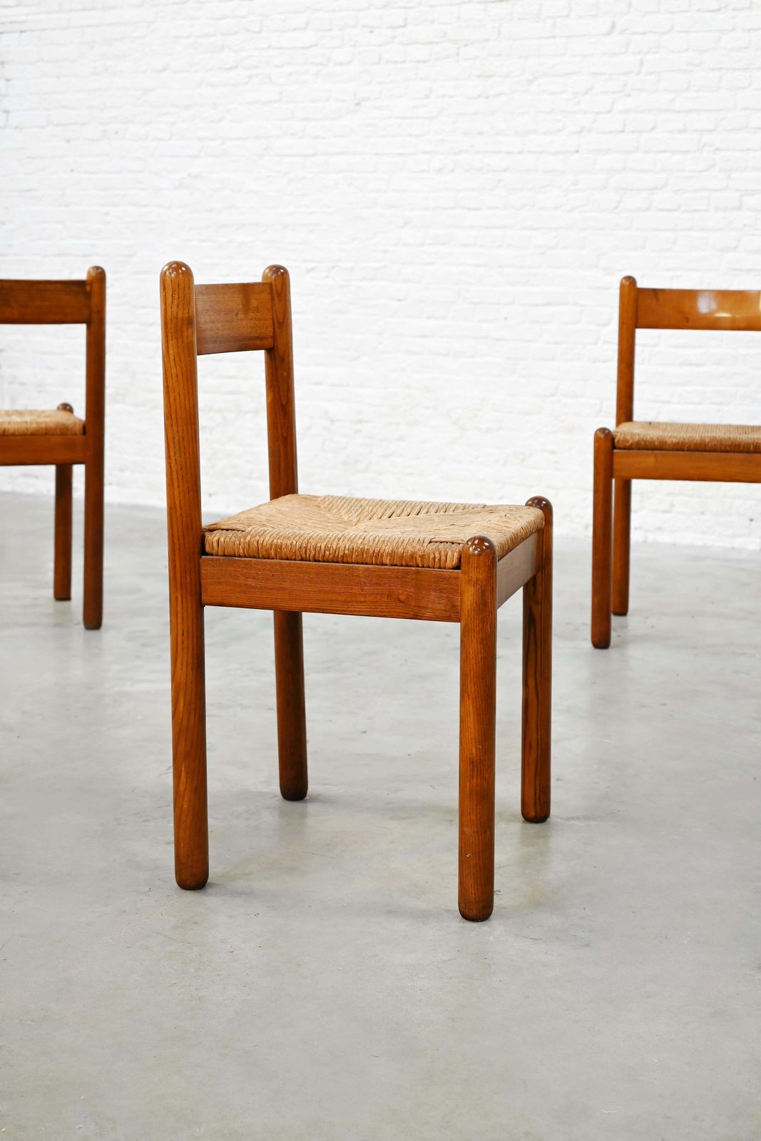 Set Of Six French Oak Dining Chairs With Rush Seats, 1960's photo buy