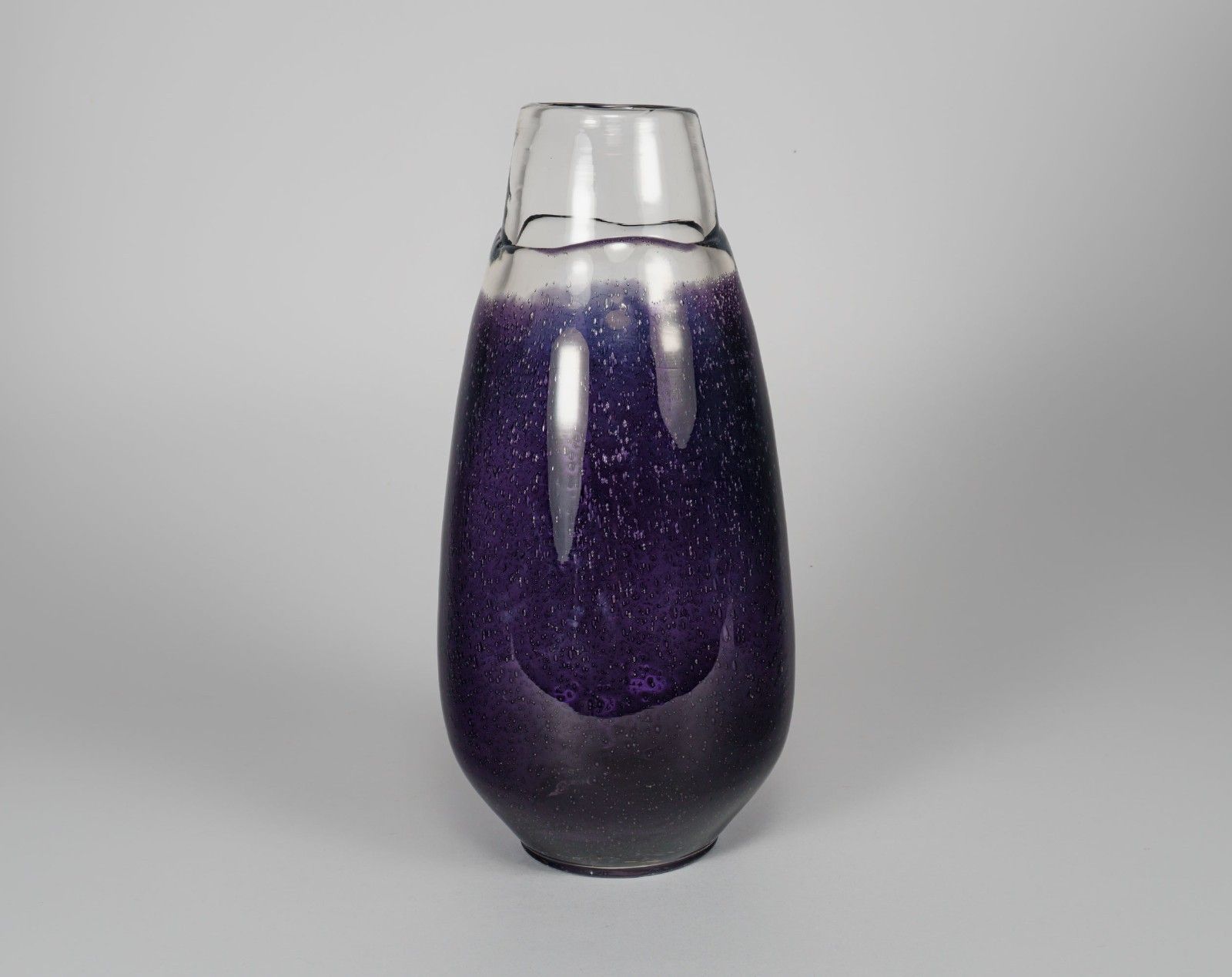 Large Vintage Swedish 1960s Purple Bubbly Half Post Glass Vase