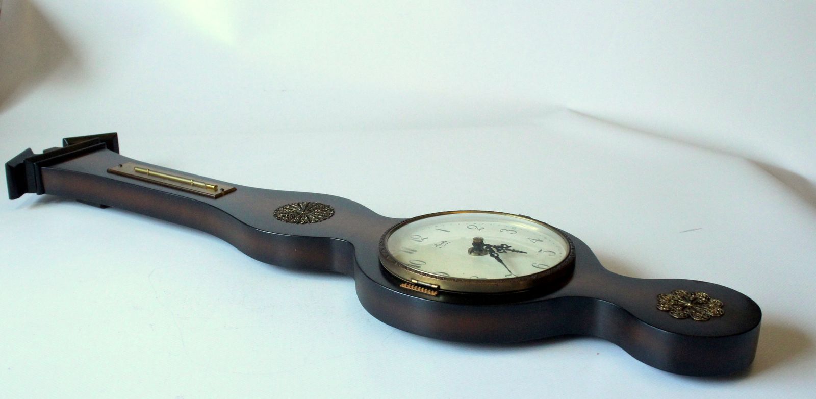 1950s   High Quality Wall Clock By Mauthe Electric With A Thermometer (Showing Celsius And Fahrenheit) As A Set,  Made Of Walnut Wood, Glass, Metal photo vinterior
