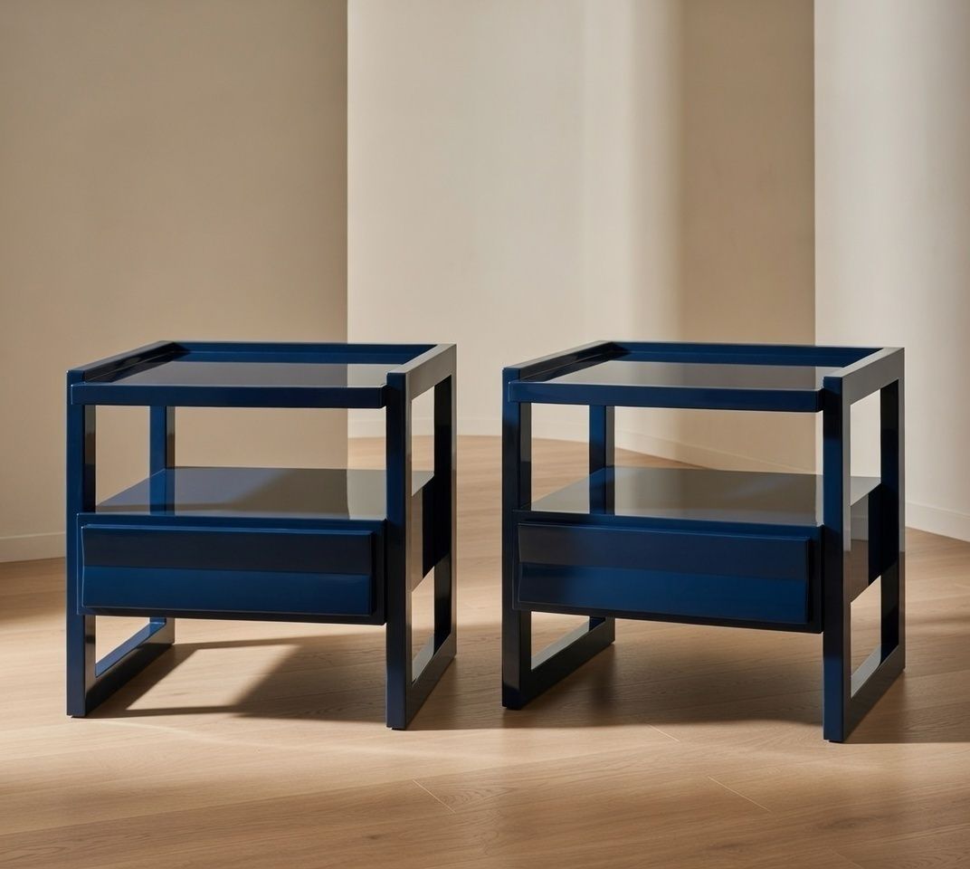 Pair Of Rita Konig For The Lacquer Company, Wide Hudson Nightstand, Marine Blue