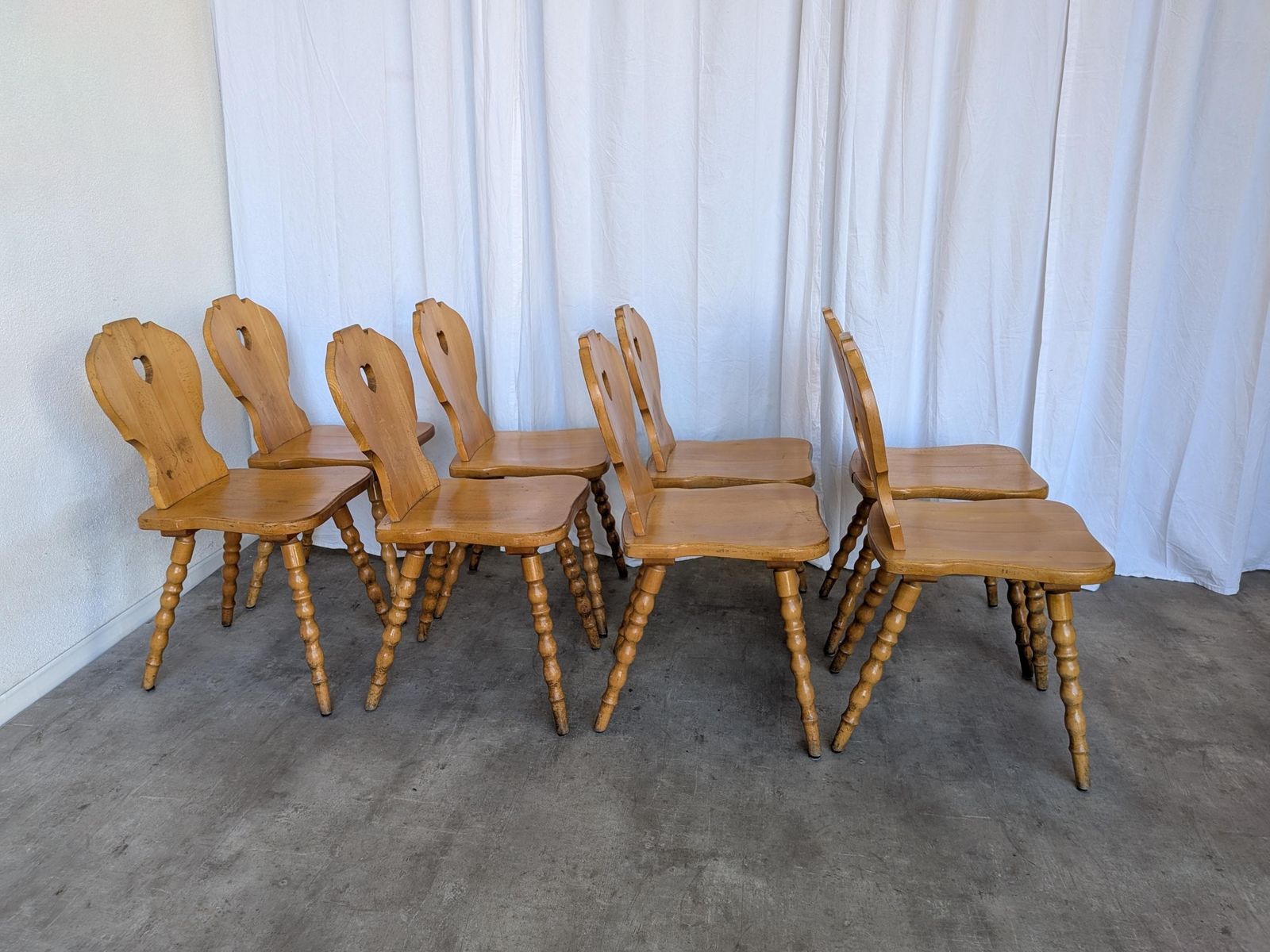 photo for sale Vintage Tyrolean Heart Cutout Wooden Dining Chair, Rustic Farmhouse Style (8 In Stock)