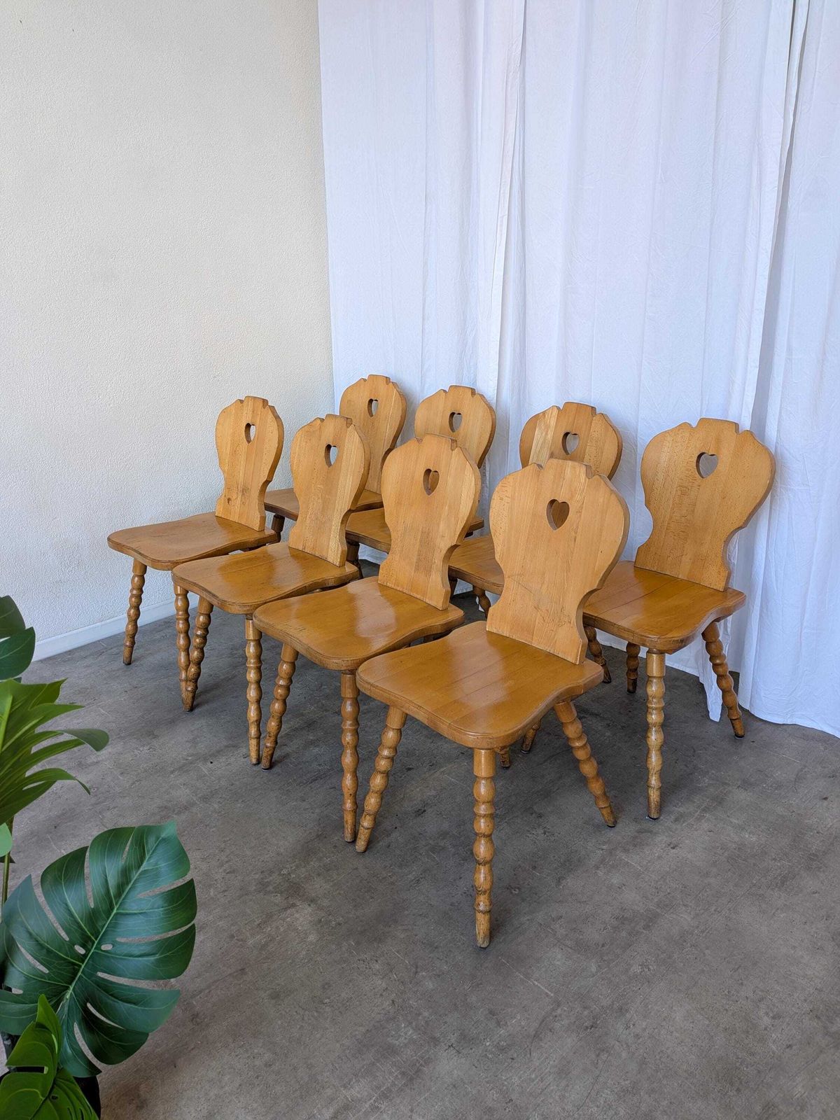 Furniture Vintage Tyrolean Heart Cutout Wooden Dining Chair, Rustic Farmhouse Style (8 In Stock) photo