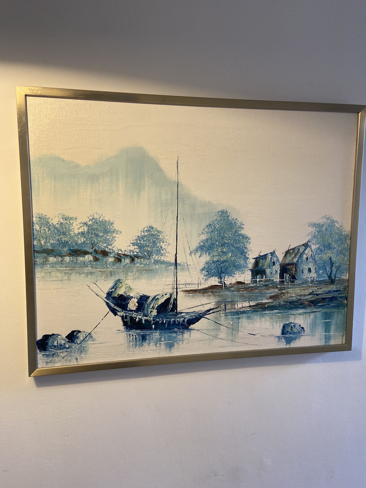 Midcentury Oriental Boat Scene   Oil On Canvas