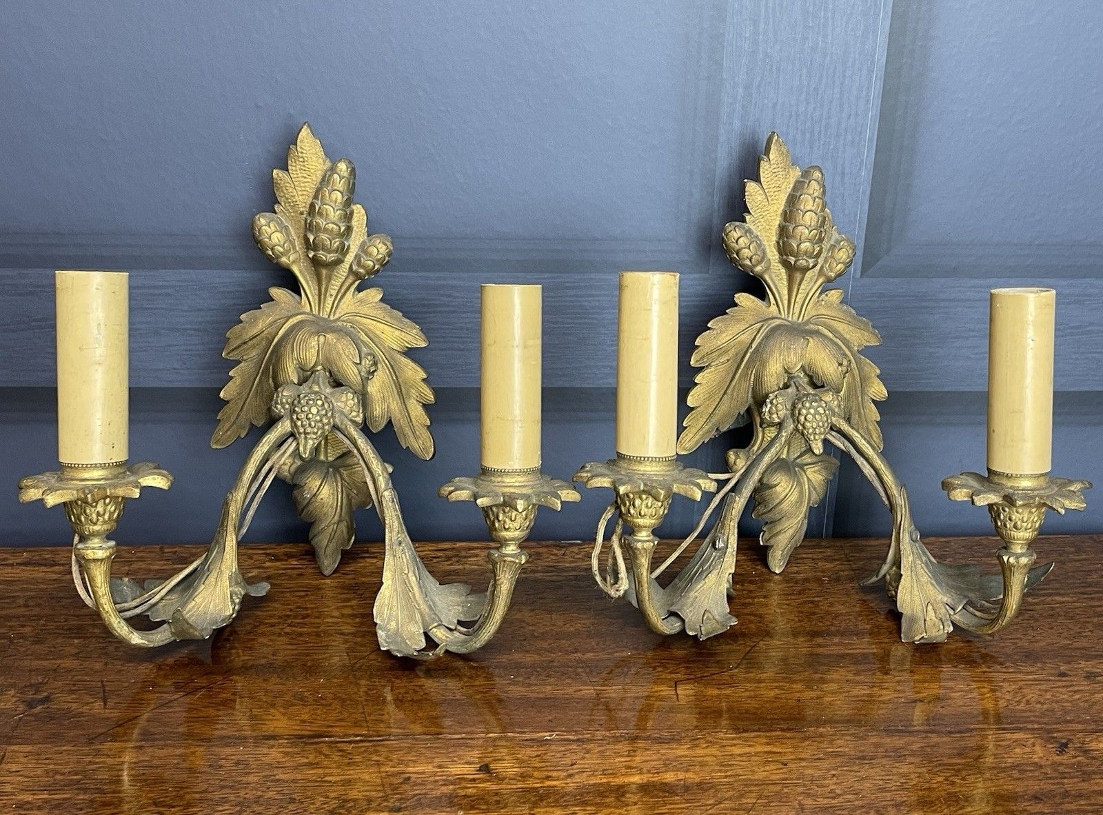 photo for sale Pair Continental Antique Gilt Sconces Wheat Wall Lights For Rewiring/Restoration
