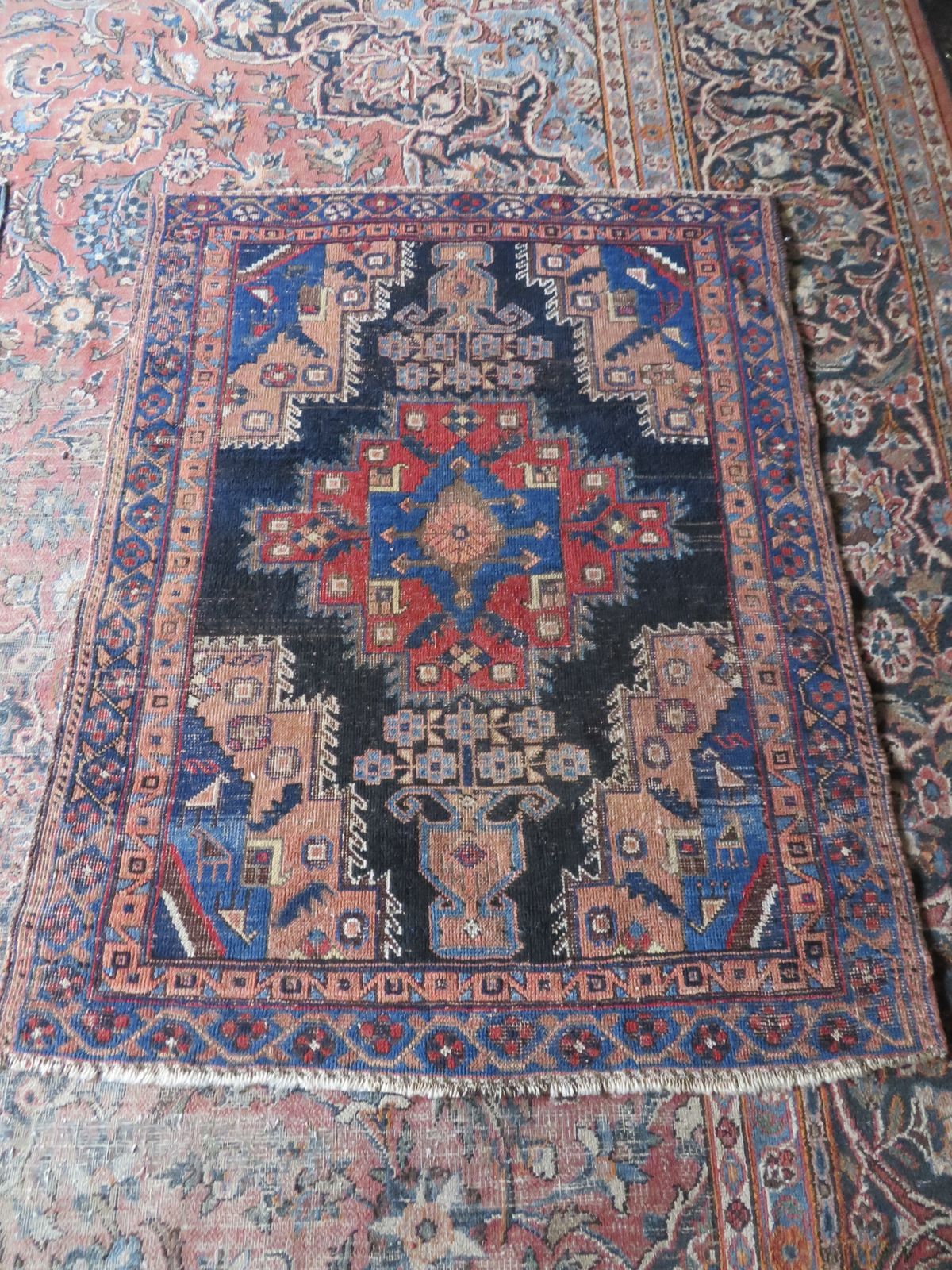 Textiles Antique Distressed Rug. 116cm X 92cm. photo