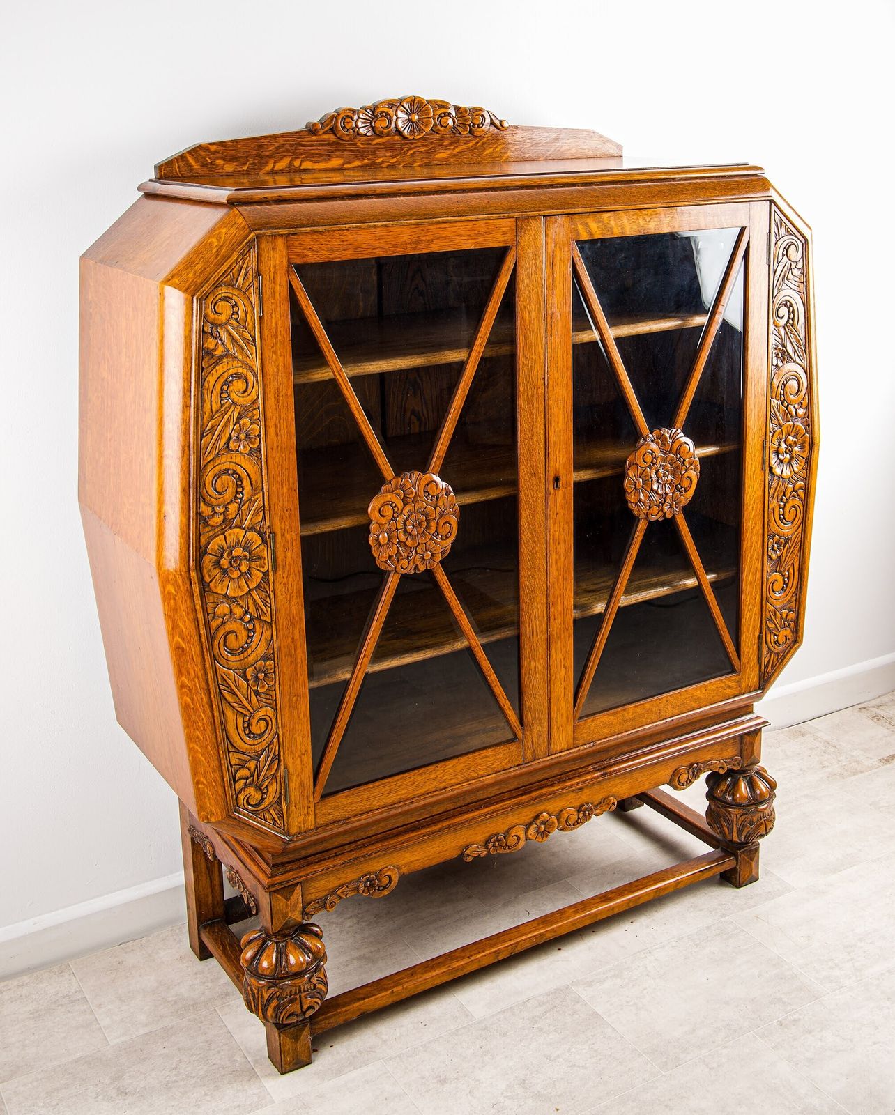Antique English Carved Oak Octagonal Display Cabinet Glazed Vitrine Bookcase Jacobean Revival C1920 photo for sale