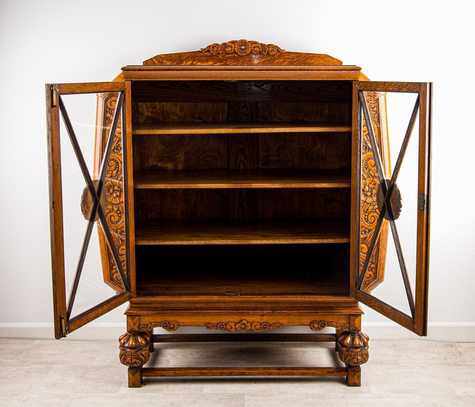 Antique English Carved Oak Octagonal Display Cabinet Glazed Vitrine Bookcase Jacobean Revival C1920 photo vinterior