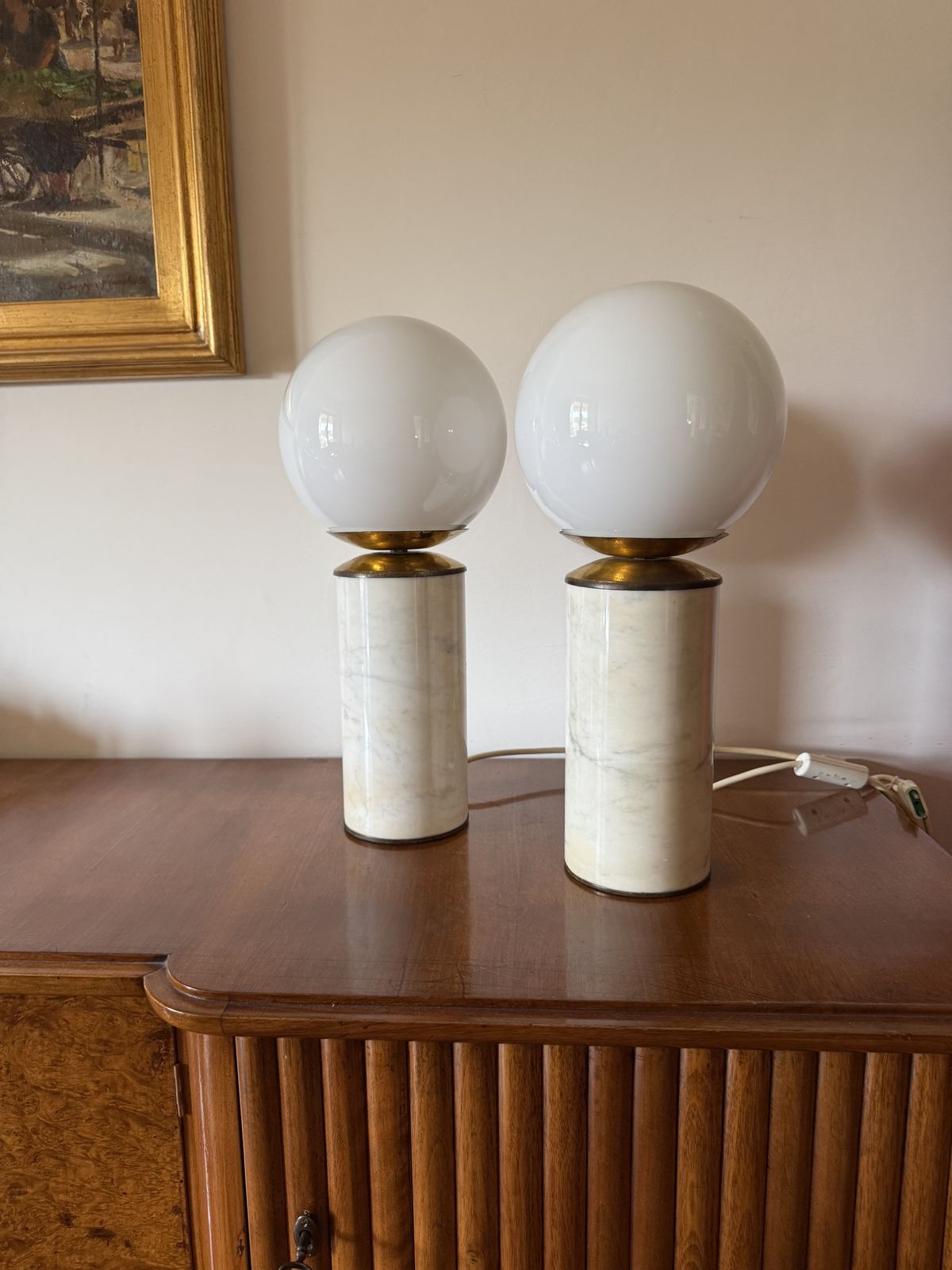Hollywood Regency Set Of 2 Carrara Marble & Brass Table Lamps, Lucirhytmo Italy 1970s photo Lighting