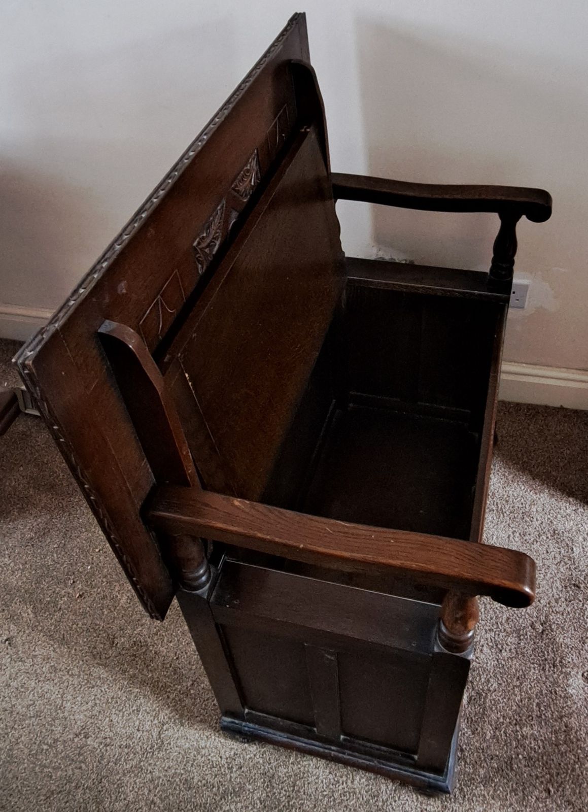 Beautiful Antique Oak Monk's Bench With Carved Panels photo for sale
