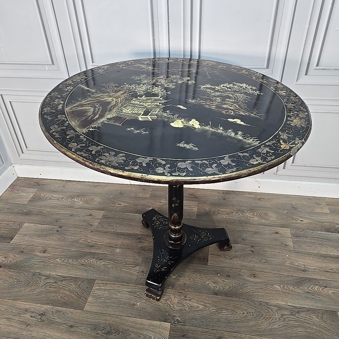Antique Tilt Top Table Chinoiserie Lacquered Oriental Chinese Tripod Vintage photo Furniture
