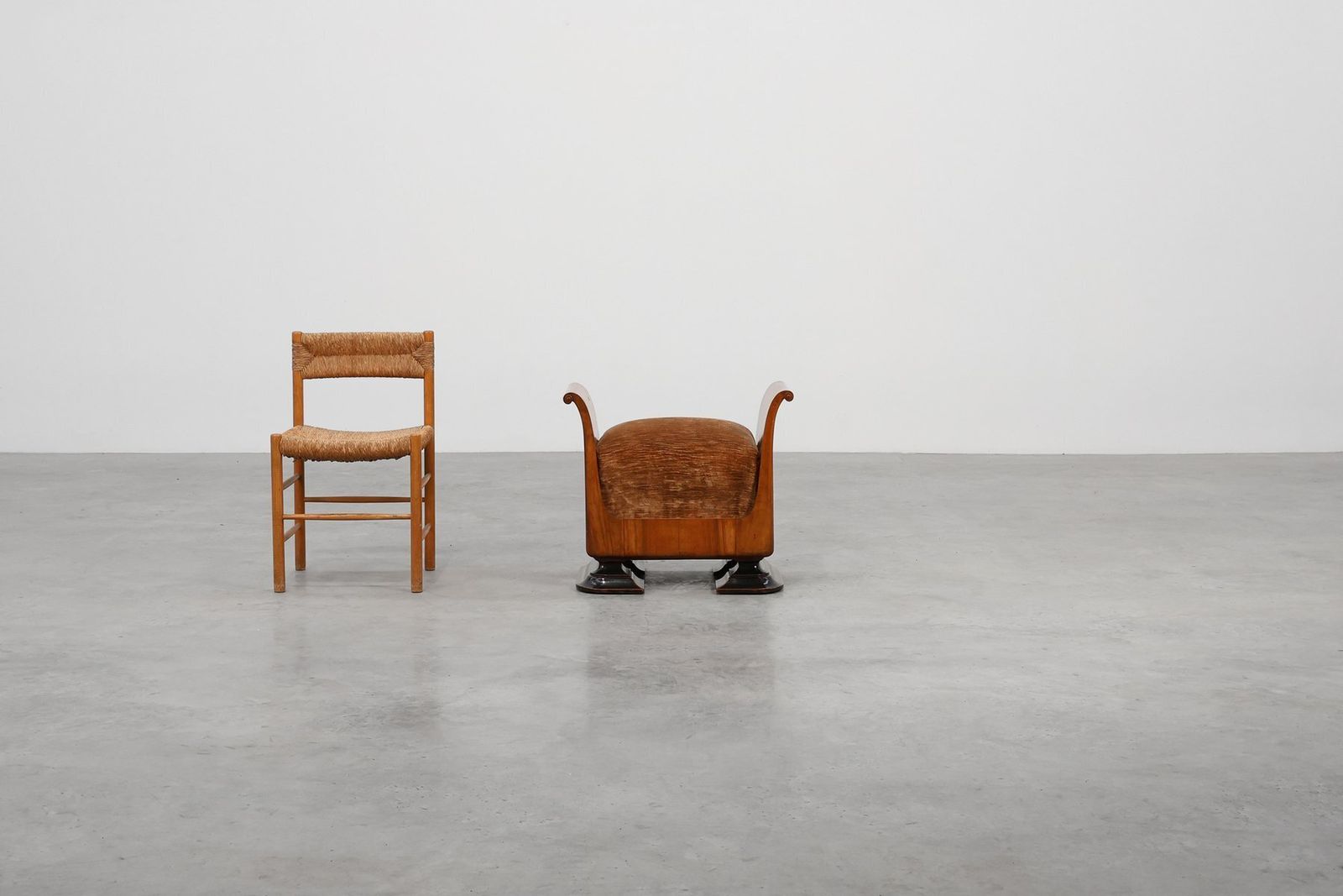 Art Deco Walnut Stool With Velvet Upholstery, Italy, 1920s photo furniture