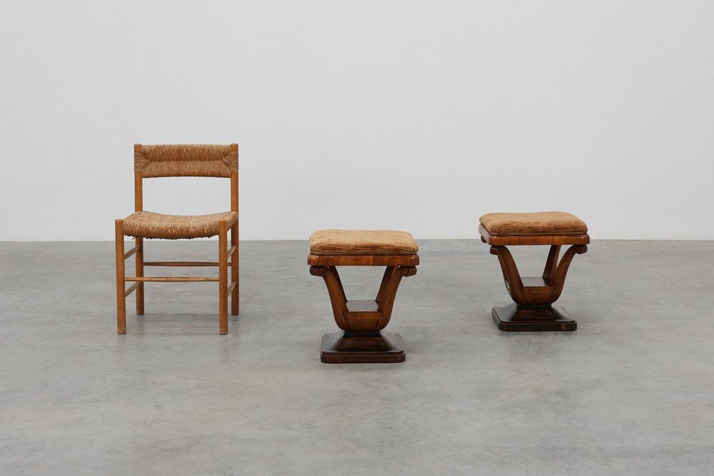 Art Deco Walnut Stools With Fabric, Italy, 1920s, Set Of 2 photo furniture