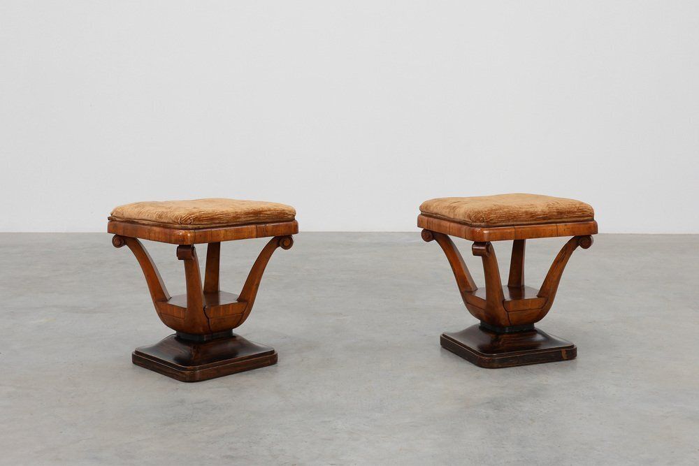 Art Deco Walnut Stools With Fabric, Italy, 1920s, Set Of 2 photo buy