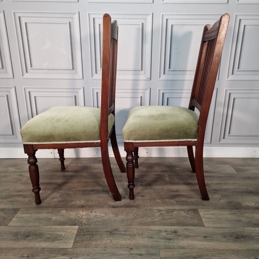 photo buy Pair Antique Dining Chairs Slat Back Upholstered Hall Seats Wooden Vintage