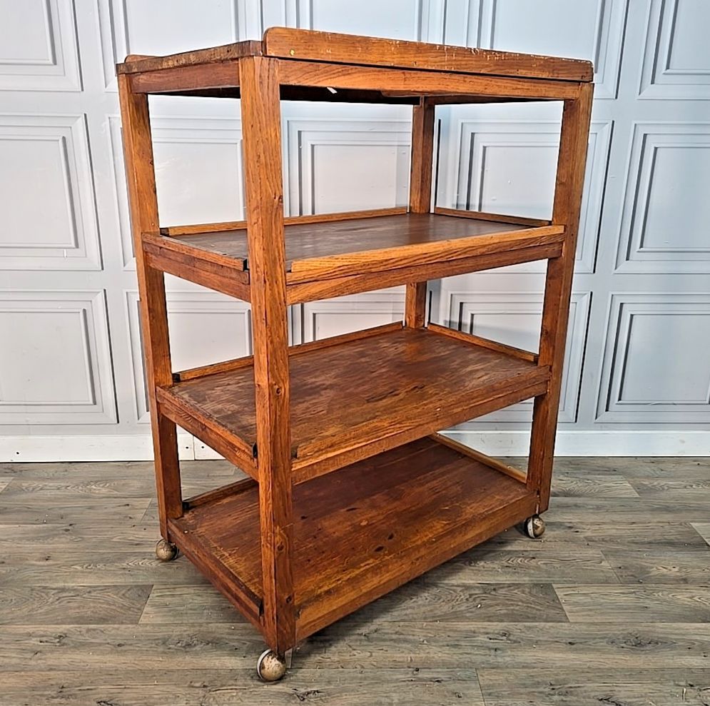 Vintage Oak Library Trolley Large Book Tea Cart Shelving Bookcase Solid Wood photo furniture