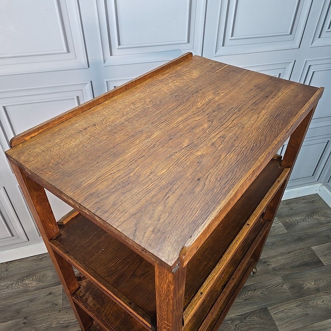 Vintage Oak Library Trolley Large Book Tea Cart Shelving Bookcase Solid Wood photo for sale