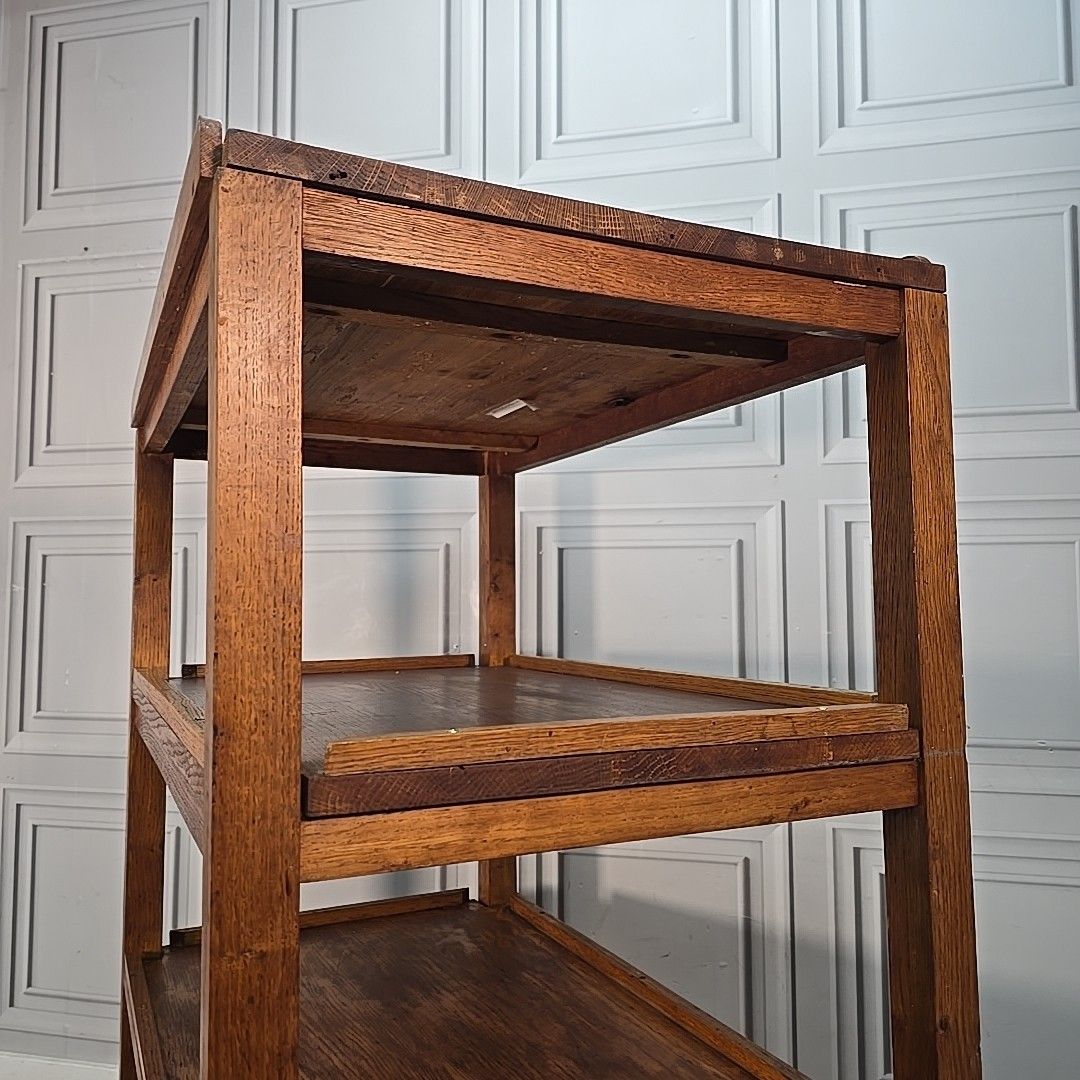 photo vintage Vintage Oak Library Trolley Large Book Tea Cart Shelving Bookcase Solid Wood