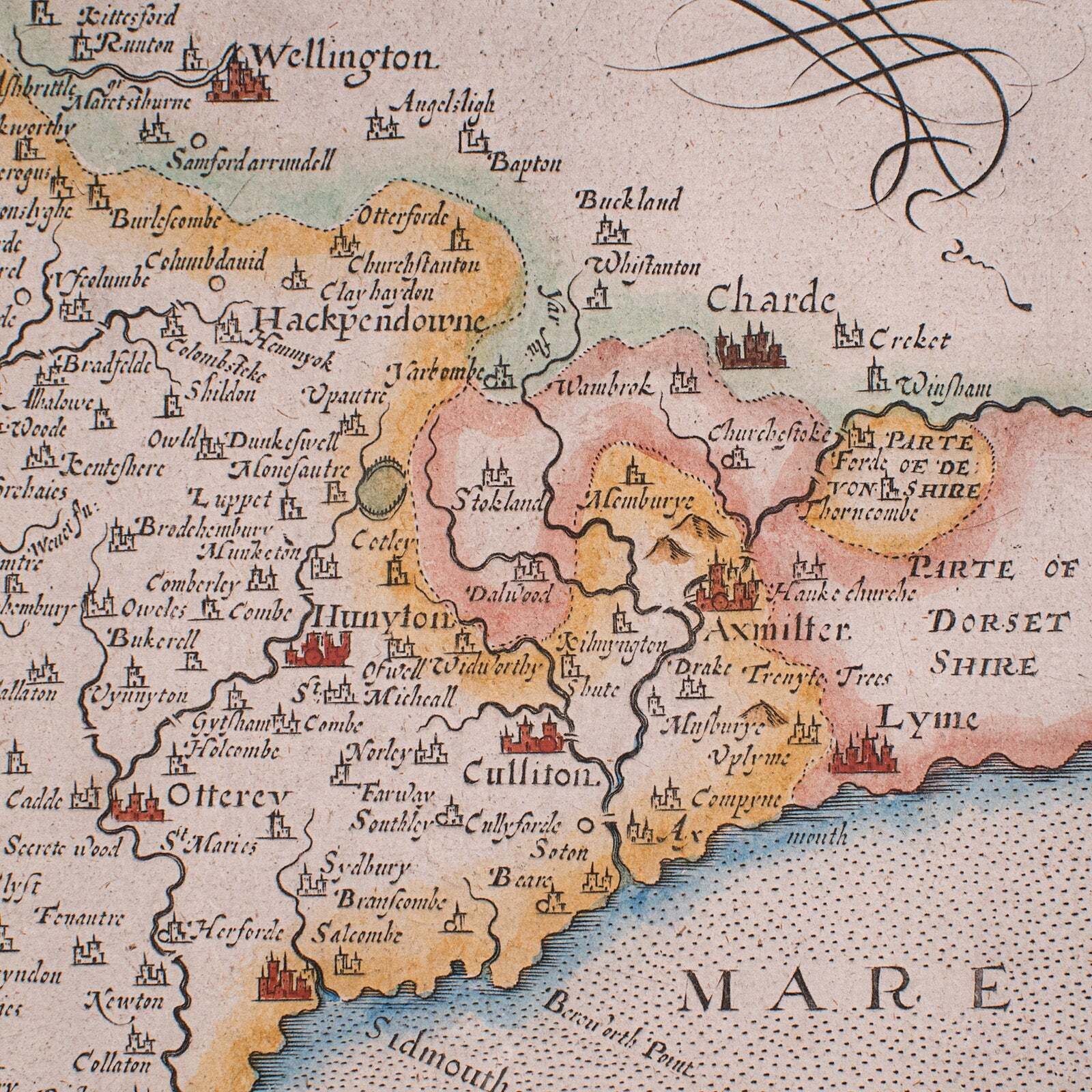 Art Antique Devon County Map, English, Framed 17th Century Atlas Cartography, C.1650 photo