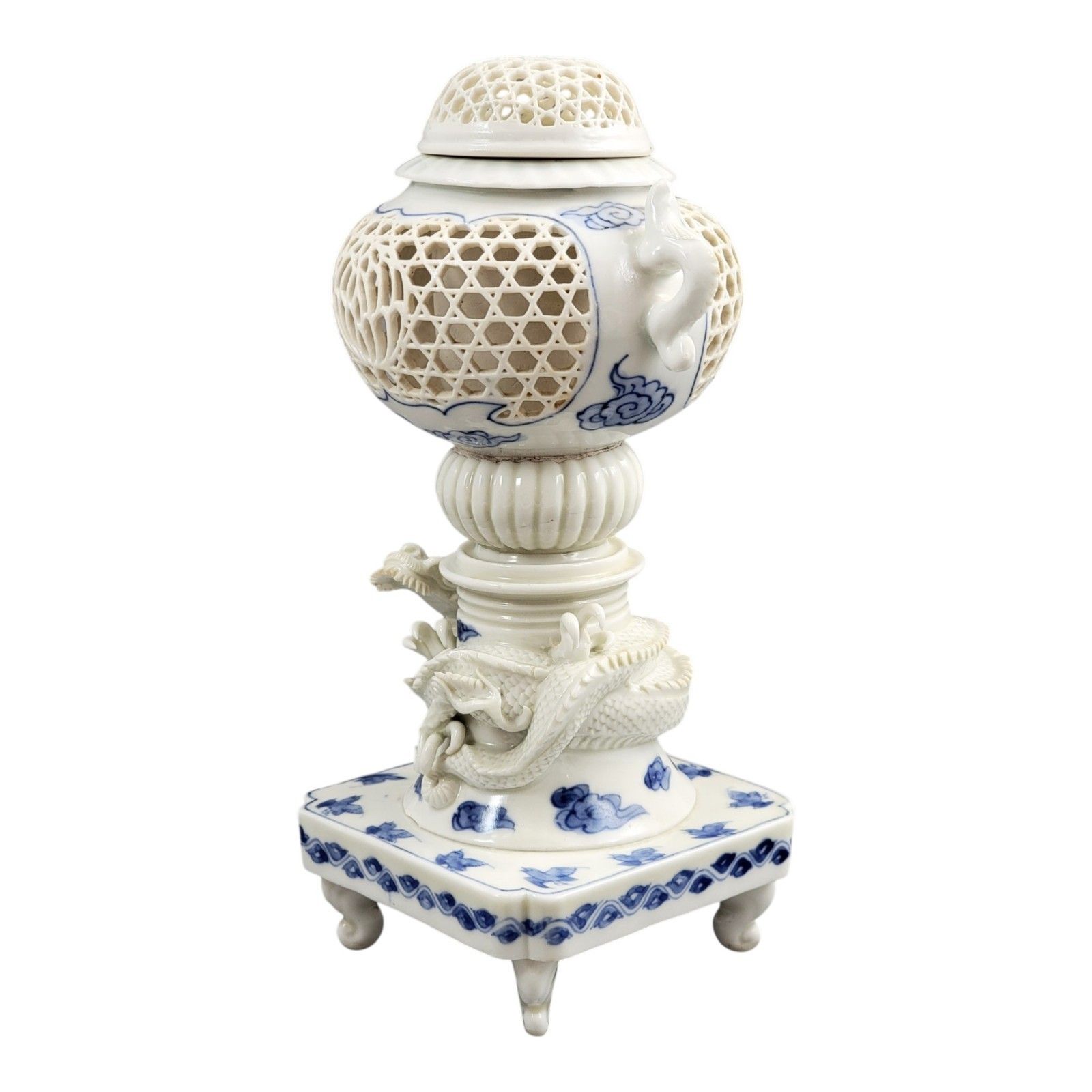 Hirado Porcelain Dragon Reticulated Koro Incense Burner, Meiji Period, C.1880 photo for sale