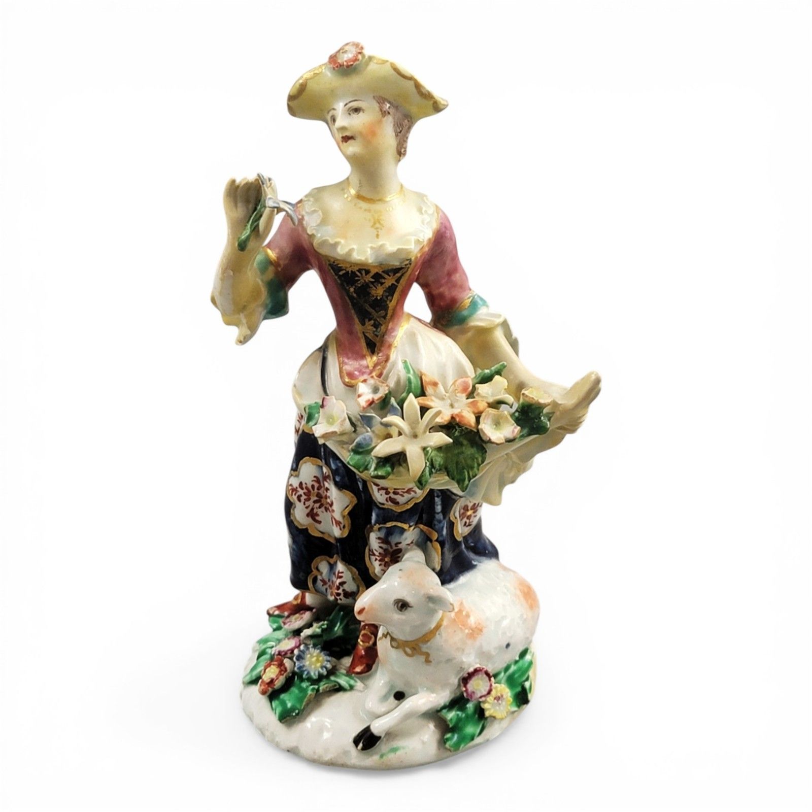 18th Century Bow Porcelain Figure Of A Lady With Lamb And Flowers, C.1760