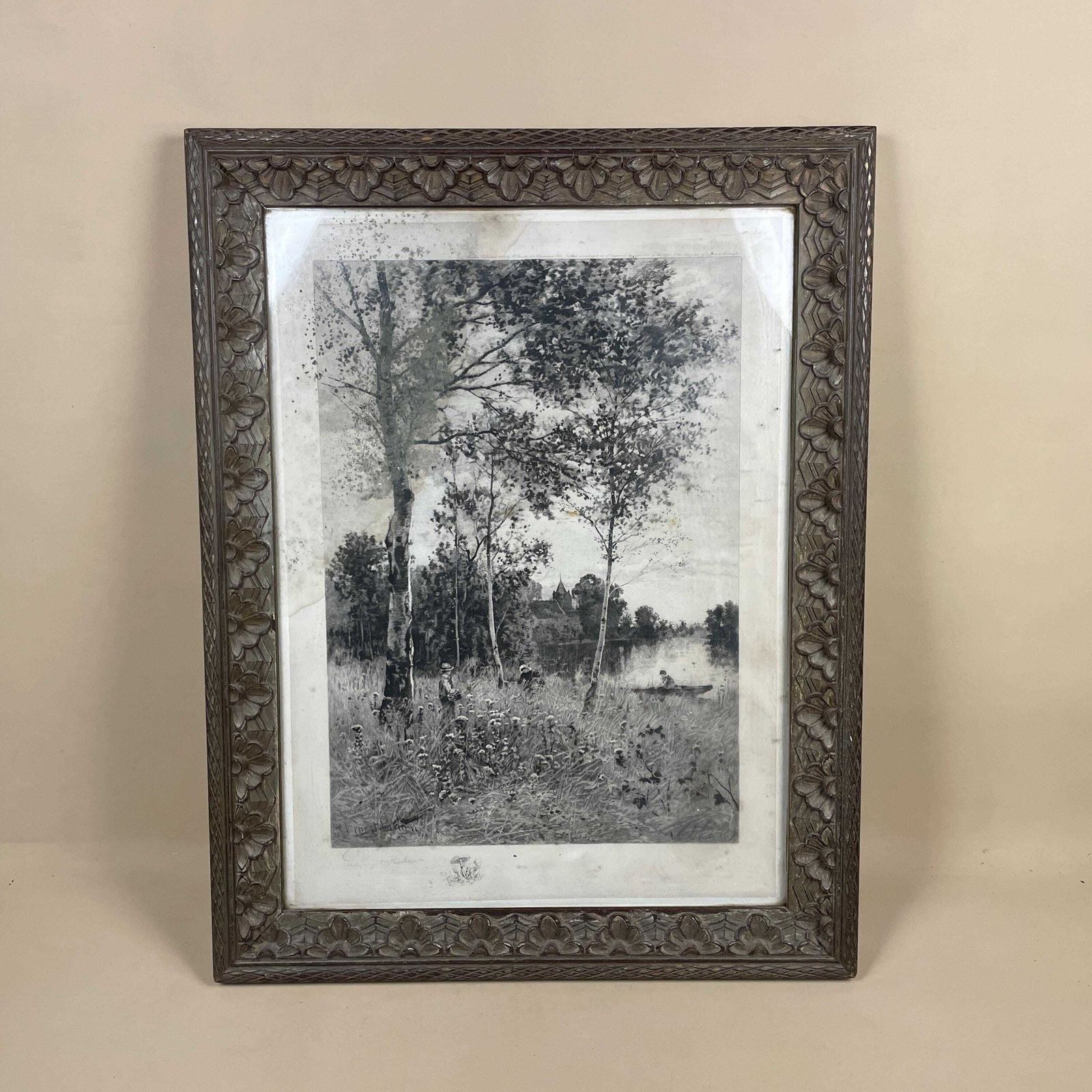 Ernest Parton Signed Landscape Print Birch Trees River Framed Antique Art Black White Etching River Scene Wall Decor (Restoration)